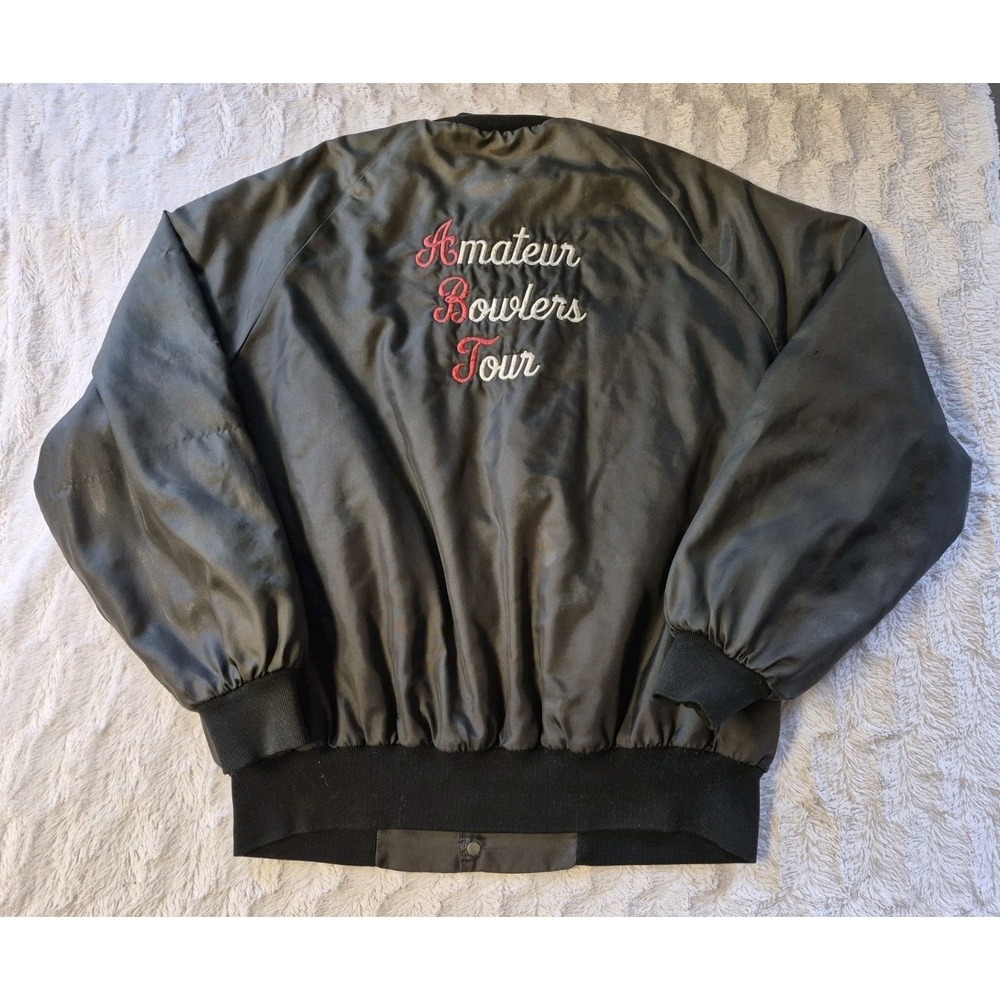 Vintage 80s Amateur Bowlers Tour Satin Varsity Bomber Jacket Men's Size XL Black